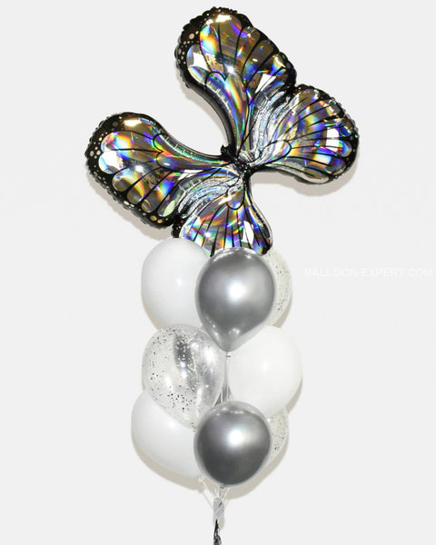 Silver and White - Butterfly Confetti Balloon Bouquet  - Set of 10 balloons