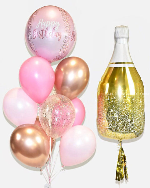 Champagne Balloon And Birthday Confetti Bouquet - Candy Pink Copper Gold