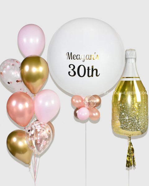 Pink Gold And White - Champagne Bottle Balloon Personalized Giant With Bouquet
