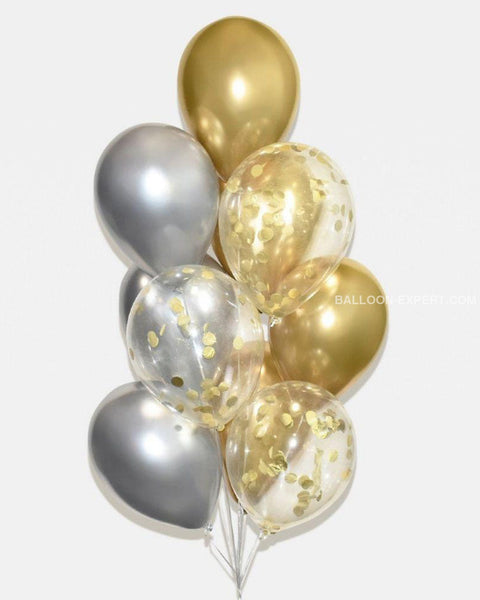 Chrome Gold Silver And Confetti Balloon Bouquet