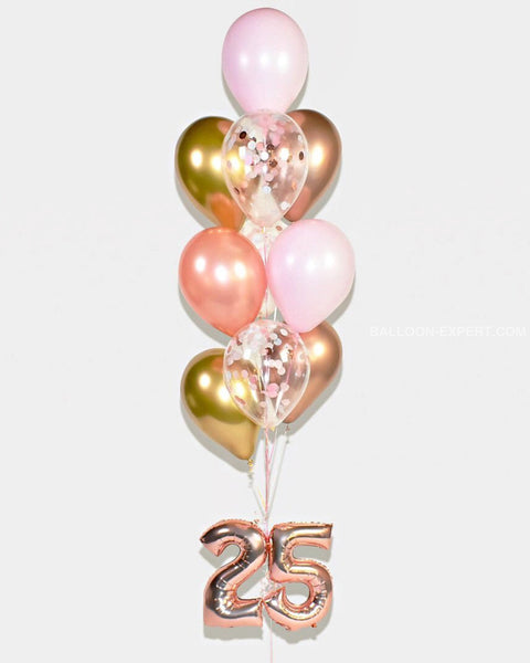 Confetti Balloon Bouquet With 16 Number - Gold Pink Copper Rose
