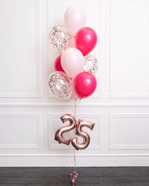 Confetti Balloon Bouquet With 16 Number - Fuchsia Pastel Pink