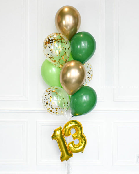 Green And Gold - Confetti Balloon Bouquet With 16 Number Bouquets