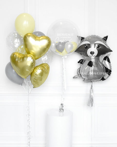 Baby Raccoon, Yellow and Grey Balloon Package Helium Inflated From Balloon Expert