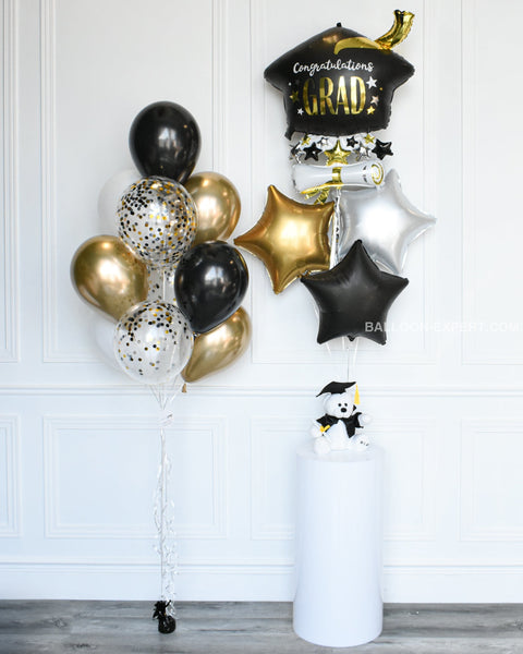 Confetti Balloon Bouquet And Graduation Hat - Black Gold White