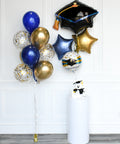 Confetti Balloon Bouquet And Graduation Hat - Blue Gold