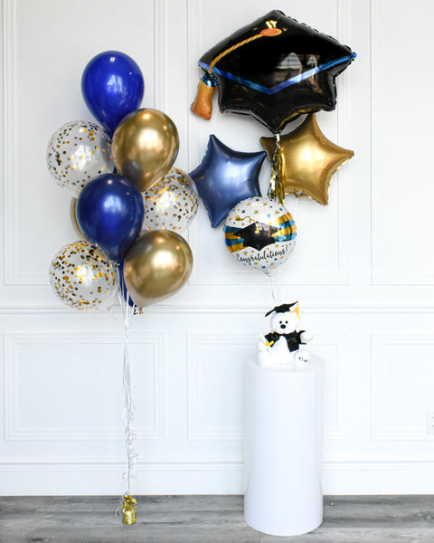 Confetti Balloon Bouquet And Graduation Hat - Blue Gold
