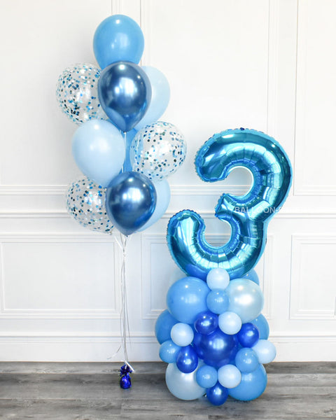 Shades of Blue - Confetti Balloon Bouquet and Number Balloon Column 