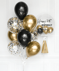 Black, Gold, and White - Confetti Balloon Bouquet and Personalized Bubble Balloon