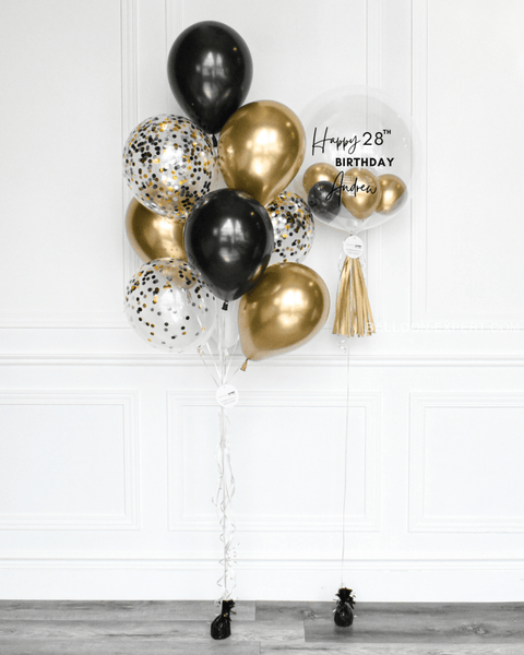 Black, Gold, and White - Confetti Balloon Bouquet and Personalized Bubble Balloon, second image