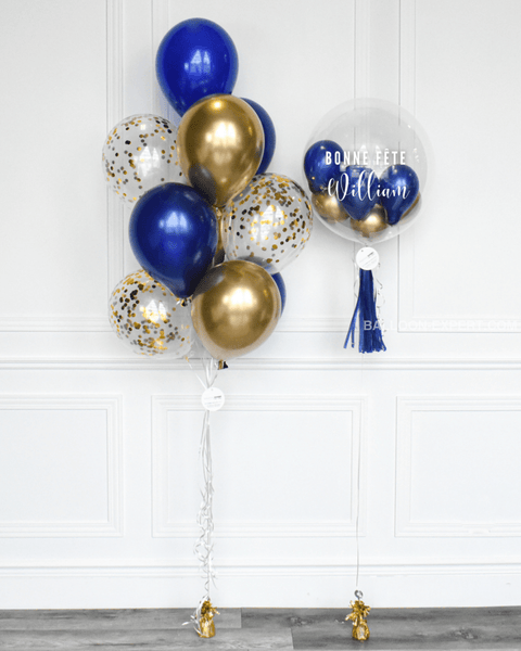 Blue and Gold - Confetti Balloon Bouquet and Personalized Bubble Balloon. Balloon Expert