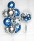 Blue and Silver - Confetti Balloon Bouquet and Personalized Bubble Balloon