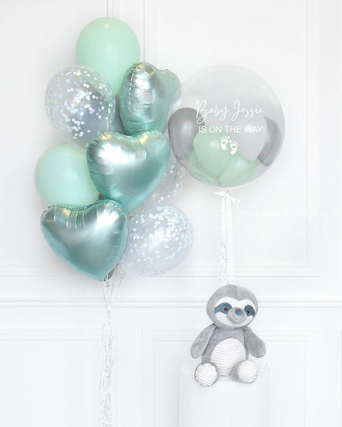 Mint, White, and Grey - Confetti Balloon Bouquet and Personalized Bubble Balloon, Helium Inflated from Balloon Expert