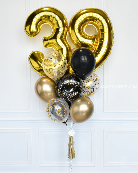 Black and Gold - Custom Age Birthday Confetti Balloon Bouquet - Set of 13 balloons