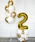 Gold and White - Confetti Balloon Bouquet and Number Balloon Column full length product image