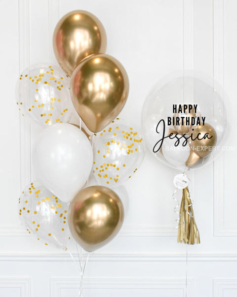 Gold and White - Confetti Balloon Bouquet and Personalized Bubble Balloon close up product image