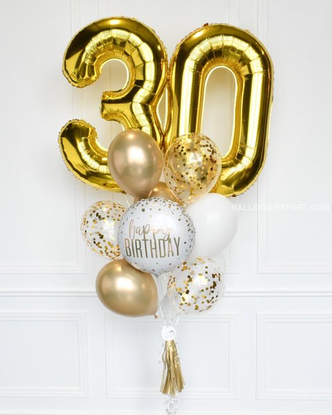 Or et blanc - Bouquet de ballons confettis d'anniversaire à numéros