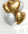 gold and white foil heart balloons, closer image