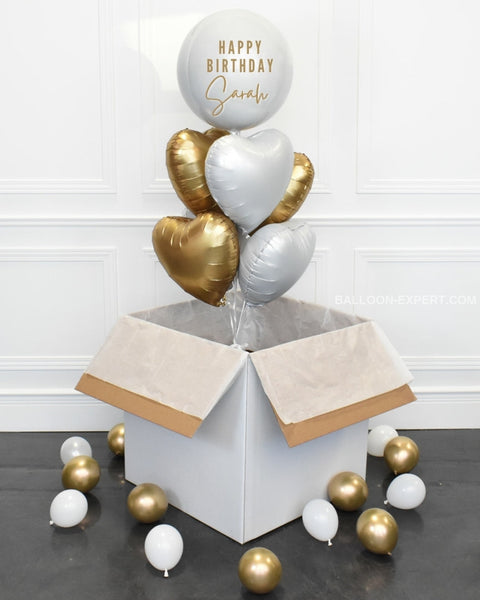 Gold and White - Personalized Orbz and Heart Balloon Bouquet Surprise Box, helium balloons