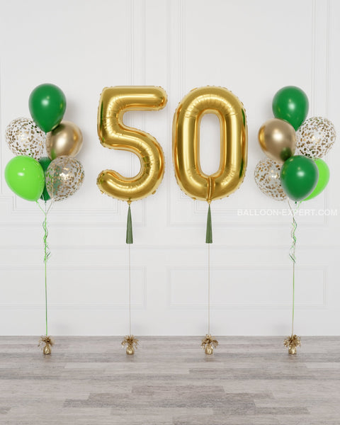 Green and Gold Double Number Balloons and Confetti Balloon Bouquets Set from Balloon Expert