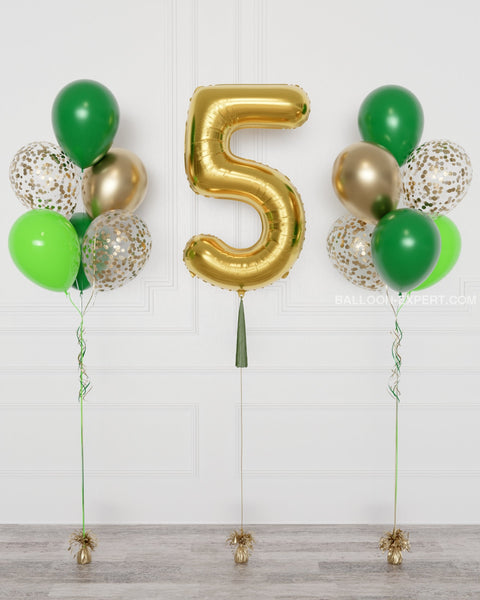 Green and Gold Number Balloon and Confetti Balloon Bouquets Set from Balloon Expert