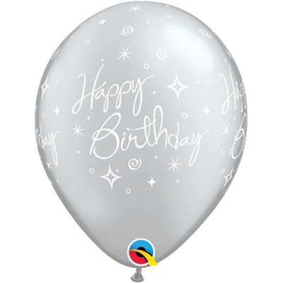 12" Grey Latex Balloon Happy Birthday - Elegant Sparkles & Swirls, Helium Inflated from Balloon Expert