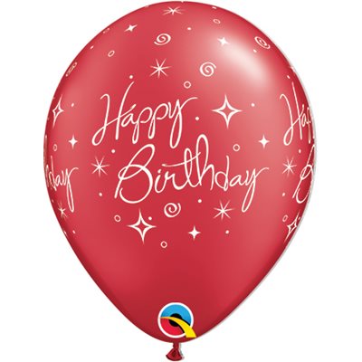 12" Red Latex Balloon Happy Birthday - Elegant Sparkles & Swirls, Helium Inflated from Balloon Expert