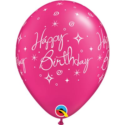 12" Fuchsia Latex Balloon Happy Birthday - Elegant Sparkles & Swirls, Helium Inflated from Balloon Expert