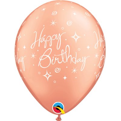 12" Rose Gold Latex Balloon Happy Birthday - Elegant Sparkles & SwirlsHelium Inflated from Balloon Expert