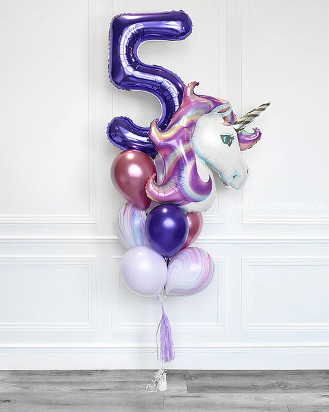 Magical Unicorn Number Balloon Bouquet - Purple Lilac And Pink Girls Birthday