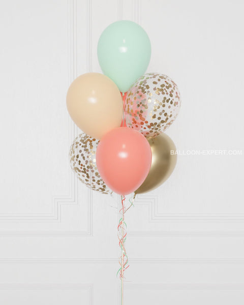 Mint, Coral, Blush, and Gold Confetti Balloon Bouquet, 7 Balloons from Balloon Expert, zoom in image