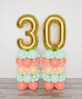 Mint, Coral, Blush, and Gold Double Number Balloon Columns from Balloon Expert