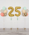 Mint, Coral, Blush, and Gold Double Number Balloons and Confetti Balloon Bouquets Set from Balloon Expert