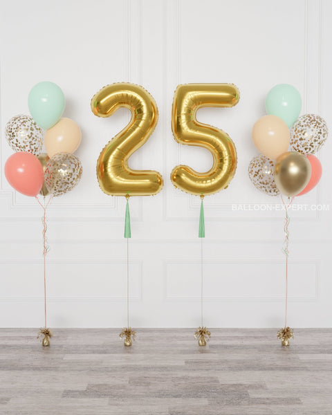 Mint, Coral, Blush, and Gold Double Number Balloons and Confetti Balloon Bouquets Set from Balloon Expert