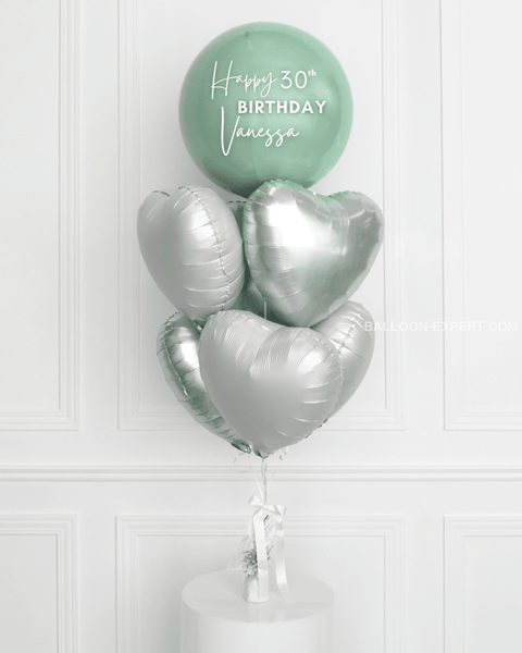 Mint and White - Personalized Orbz and Heart Balloon Bouquet, helium inflated