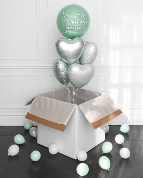 Mint and White - Personalized Orbz and Heart Balloon Bouquet Surprise Box, helium balloon