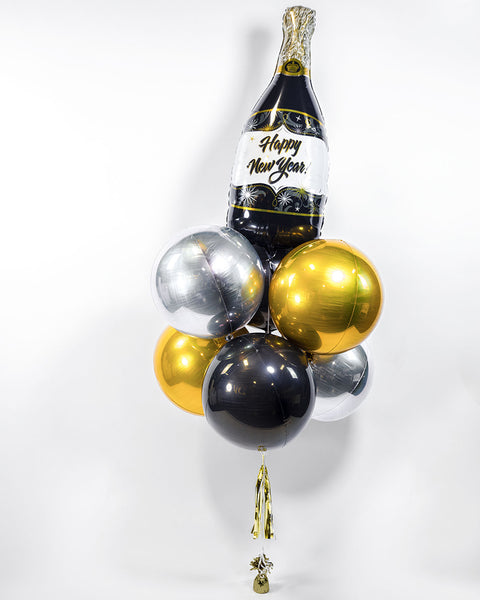 New Year Champagne Orbz Balloon Bouquet - Gold, Black, Silver