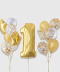 Number Balloon With Confetti Bouquets - Gold White Girls Birthday