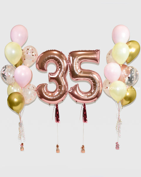 Number Balloon With Confetti Bouquets - Pink Chrome Gold Rose