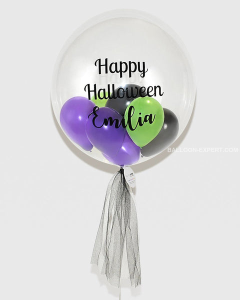 Purple, Green, and Black - Personalized Bubble Balloon Filled with Balloons, helium balloon from balloon expert, closer image