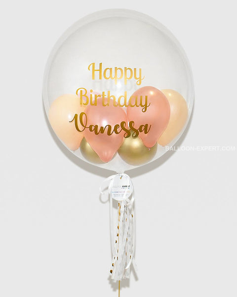 Rose Gold, Peach, and Gold -  Personalized Bubble Balloon, helium inflated from balloon expert, closer image