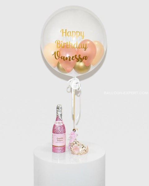 Rose Gold, Peach, and Gold -  Personalized Bubble Balloon, helium inflated from balloon expert