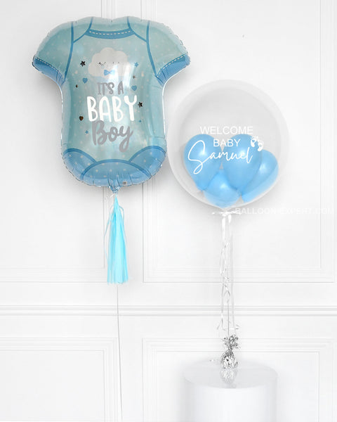 It's a Boy! - Baby Blue Personalized Bubble Ballon with a Baby Onesie Supershape Balloon, helium inflated from Balloon Expert