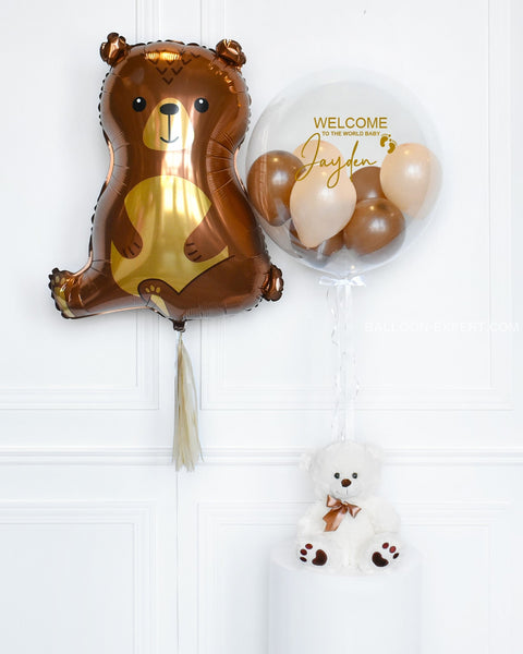 Baby Bear - Brown and Blush Personalized Bubble Balloon and Supershape Balloon, Helium inflated Balloon Expert