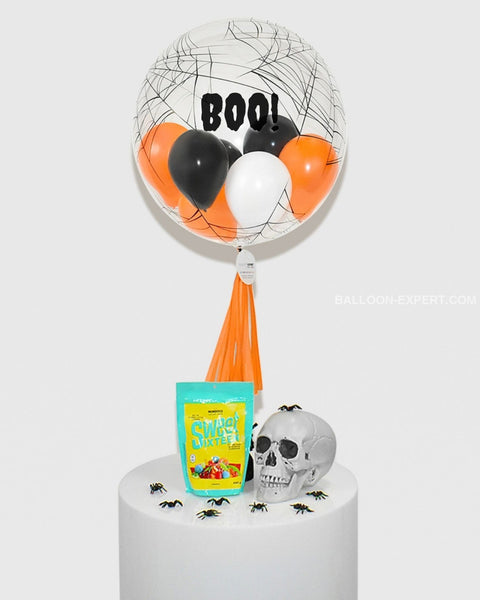Halloween - Orange, Black, and White Personalized Bubble Balloon Filled with Balloons, helium inflated from balloon expert