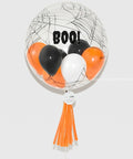 Halloween - Orange, Black, and White Personalized Bubble Balloon Filled with Balloons, helium inflated from balloon expert. closer image