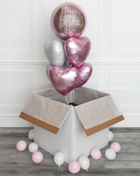Pink and White - Personalized Orbz and Heart Balloon Bouquet Surprise Box, helium balloons