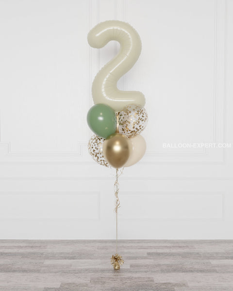 Sage Green, Ivory, Gold Number Confetti Balloon Bouquet, 7 Balloons from Balloon Expert