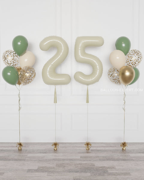 Sage Green, Ivory, and Gold - Double Number Balloons and Confetti Balloon Bouquets Set
