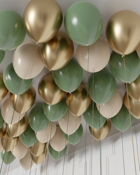 Sage Green, Ivory, and Gold Ceiling Balloons from Balloon Expert